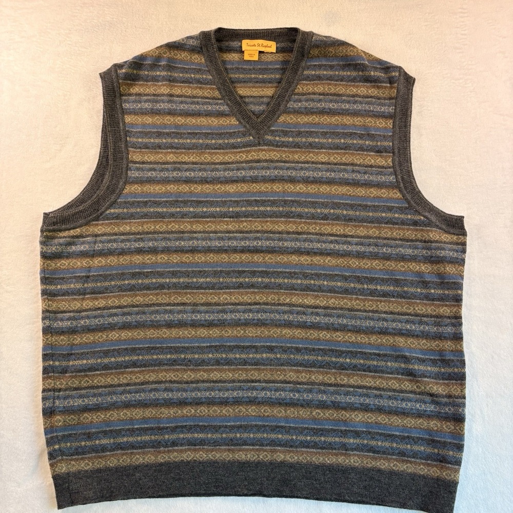 Vintage Tricots St. Raphael Fair Isle Sweater Vest Mens XL Blue Brown 100% Wool